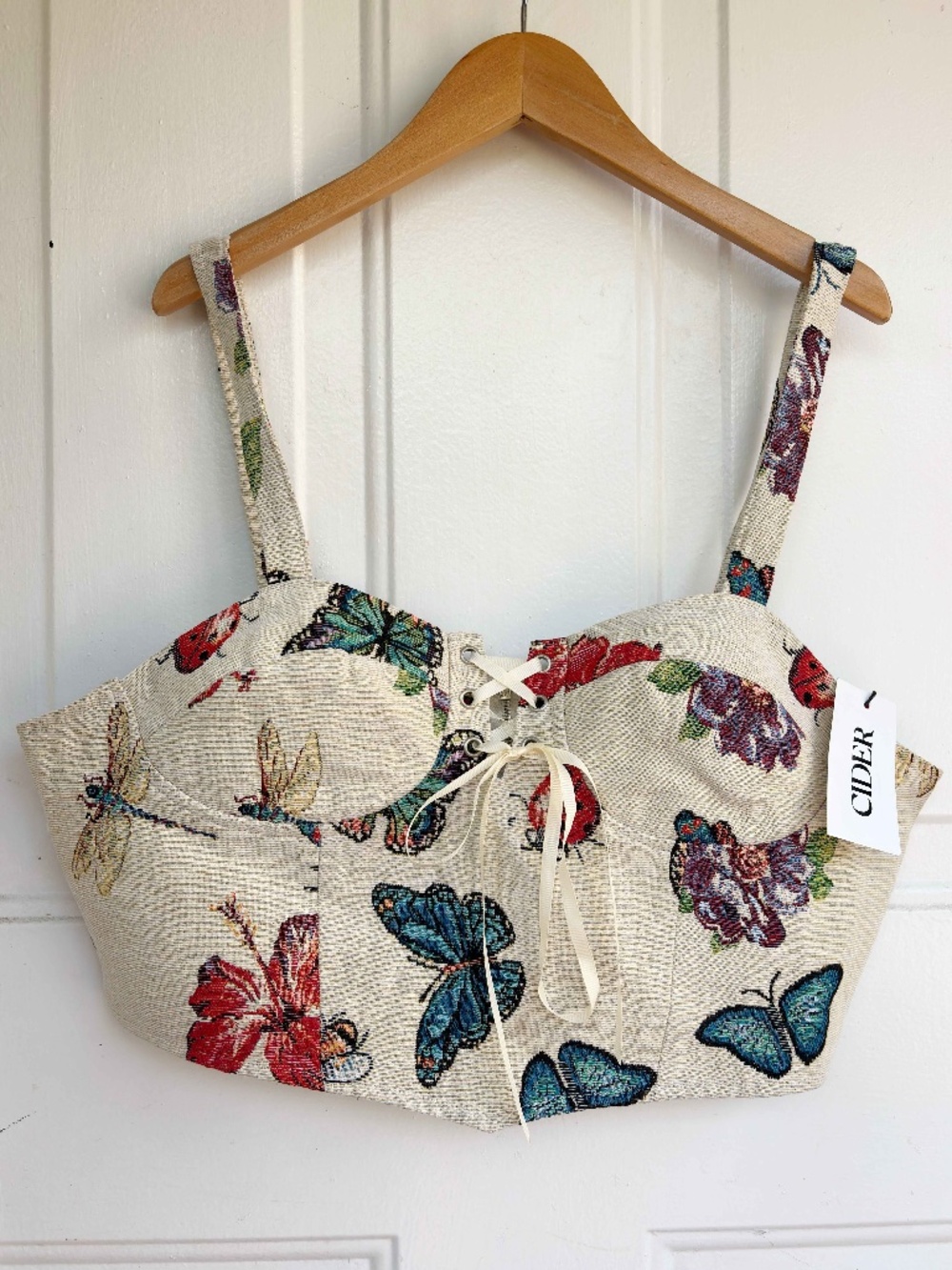 Cider Cream Floral & Butterfly Lace-Up Crop Top